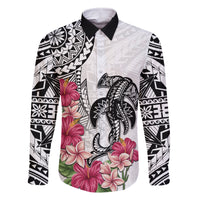 White Polynesian Hammerhead Shark Tribal Pattern Family Matching Summer Maxi Dress and Hawaiian Shirt