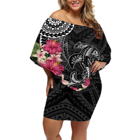 Black Polynesian Hammerhead Shark Tribal Pattern Off Shoulder Short Dress LT05 Women Black - Polynesian Pride