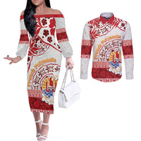 French Polynesia Internal Autonomy Day Couples Matching Off The Shoulder Long Sleeve Dress and Long Sleeve Button Shirt Tropical Hibiscus And Turtle Pattern