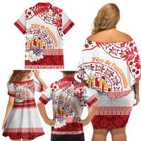 French Polynesia Internal Autonomy Day Family Matching Off Shoulder Short Dress and Hawaiian Shirt Tropical Hibiscus And Turtle Pattern
