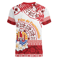 French Polynesia Internal Autonomy Day Women V-Neck T-Shirt Tropical Hibiscus And Turtle Pattern