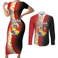 Personalised Tonga Emancipation Day Couples Matching Short Sleeve Bodycon Dress and Long Sleeve Button Shirt Tongan Ngatu Pattern With Plumeria