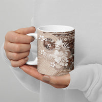 Tonga Ngatu Motifs Ceramic Mug With Coat Of Arms Beige