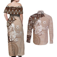 Tonga Ngatu Motifs Couples Matching Off Shoulder Maxi Dress and Long Sleeve Button Shirt With Coat Of Arms Beige