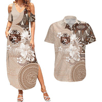 Tonga Ngatu Motifs Couples Matching Summer Maxi Dress and Hawaiian Shirt With Coat Of Arms Beige LT05 Beige - Polynesian Pride