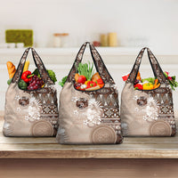 Tonga Ngatu Motifs Grocery Bag With Coat Of Arms Beige