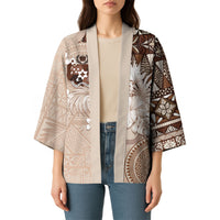 Tonga Ngatu Motifs Kimono With Coat Of Arms Beige