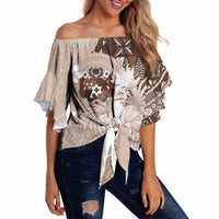 Tonga Ngatu Motifs Off Shoulder Wrap Waist Top With Coat Of Arms Beige LT05 - Polynesian Pride