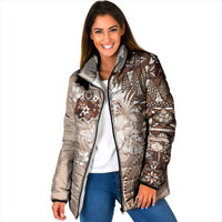 Tonga Ngatu Motifs Padded Jacket With Coat Of Arms Beige