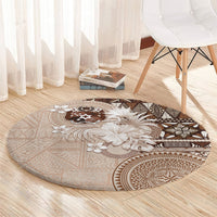 Tonga Ngatu Motifs Round Carpet With Coat Of Arms Beige