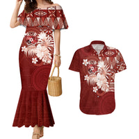 Tonga Ngatu Motifs Couples Matching Mermaid Dress and Hawaiian Shirt With Coat Of Arms Red LT05 Red - Polynesian Pride
