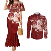 Tonga Ngatu Motifs Couples Matching Mermaid Dress and Long Sleeve Button Shirt With Coat Of Arms Red