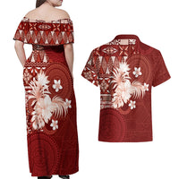 Tonga Ngatu Motifs Couples Matching Off Shoulder Maxi Dress and Hawaiian Shirt With Coat Of Arms Red