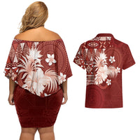 Tonga Ngatu Motifs Couples Matching Off Shoulder Short Dress and Hawaiian Shirt With Coat Of Arms Red