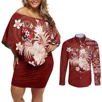 Tonga Ngatu Motifs Couples Matching Off Shoulder Short Dress and Long Sleeve Button Shirt With Coat Of Arms Red