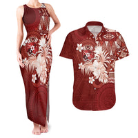 Tonga Ngatu Motifs Couples Matching Tank Maxi Dress and Hawaiian Shirt With Coat Of Arms Red LT05 Red - Polynesian Pride