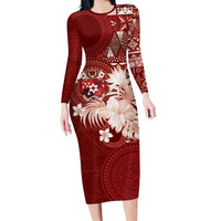 Tonga Ngatu Motifs Family Matching Long Sleeve Bodycon Dress and Hawaiian Shirt With Coat Of Arms Red LT05 Mom's Dress Red - Polynesian Pride