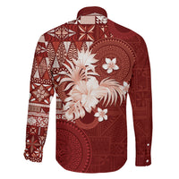 Tonga Ngatu Motifs Family Matching Off Shoulder Maxi Dress and Hawaiian Shirt With Coat Of Arms Red LT05 - Polynesian Pride