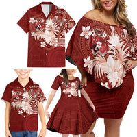 Tonga Ngatu Motifs Family Matching Off Shoulder Short Dress and Hawaiian Shirt With Coat Of Arms Red LT05 - Polynesian Pride
