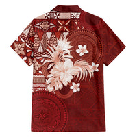 Tonga Ngatu Motifs Family Matching Short Sleeve Bodycon Dress and Hawaiian Shirt With Coat Of Arms Red LT05 - Polynesian Pride
