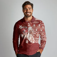 Tonga Ngatu Motifs Long Sleeve Polo Shirt With Coat Of Arms Red