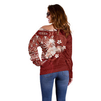 Tonga Ngatu Motifs Off Shoulder Sweater With Coat Of Arms Red