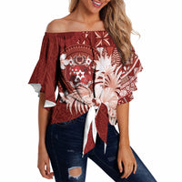 Tonga Ngatu Motifs Off Shoulder Wrap Waist Top With Coat Of Arms Red LT05 - Polynesian Pride