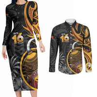 Personalised Papua New Guinea Couples Matching Long Sleeve Bodycon Dress and Long Sleeve Button Shirt Happy Independence Day LT05 Black - Polynesian Pride