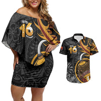 Personalised Papua New Guinea Couples Matching Off Shoulder Short Dress and Hawaiian Shirt Happy Independence Day LT05 Black - Polynesian Pride