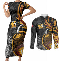 Personalised Papua New Guinea Couples Matching Short Sleeve Bodycon Dress and Long Sleeve Button Shirt Happy Independence Day LT05 Black - Polynesian Pride