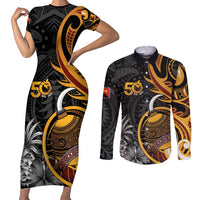 Personalised Papua New Guinea Couples Matching Short Sleeve Bodycon Dress and Long Sleeve Button Shirt Happy 50th Independence Anniversary - Polynesian Pride