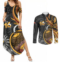 Personalised Papua New Guinea Couples Matching Summer Maxi Dress and Long Sleeve Button Shirt Happy Independence Day LT05 Black - Polynesian Pride