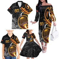Personalised Papua New Guinea Family Matching Off The Shoulder Long Sleeve Dress and Hawaiian Shirt Happy 50th Independence Anniversary - Polynesian Pride