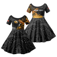 Personalised Papua New Guinea Family Matching Off The Shoulder Long Sleeve Dress and Hawaiian Shirt Happy Independence Day LT05 Daughter's Dress Black - Polynesian Pride