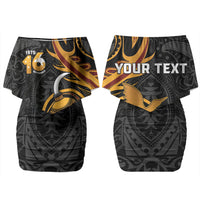 Personalised Papua New Guinea Family Matching Off Shoulder Short Dress and Hawaiian Shirt Happy Independence Day LT05 Mom's Dress Black - Polynesian Pride