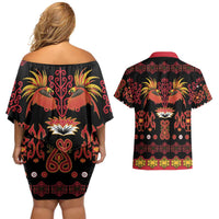 Papua Batik Motif Couples Matching Off Shoulder Short Dress and Hawaiian Shirt Papua Spirit Black Version - Polynesian Pride