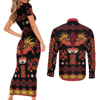 Papua Batik Motif Couples Matching Short Sleeve Bodycon Dress and Long Sleeve Button Shirt Papua Spirit Black Version - Polynesian Pride