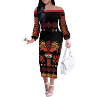 Papua Batik Motif Off The Shoulder Long Sleeve Dress Papua Spirit Black Version - Polynesian Pride