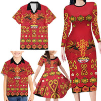 Papua Batik Motif Family Matching Long Sleeve Bodycon Dress and Hawaiian Shirt Papua Spirit Red Version - Polynesian Pride