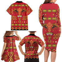 Papua Batik Motif Family Matching Long Sleeve Bodycon Dress and Hawaiian Shirt Papua Spirit Red Version - Polynesian Pride