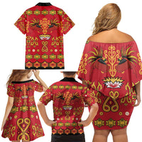 Papua Batik Motif Family Matching Off Shoulder Short Dress and Hawaiian Shirt Papua Spirit Red Version - Polynesian Pride