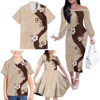 Polynesia Hibiscus Family Matching Off The Shoulder Long Sleeve Dress and Hawaiian Shirt Cameo Curve Motif - Polynesian Pride