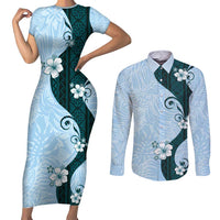 Polynesia Hibiscus Couples Matching Short Sleeve Bodycon Dress and Long Sleeve Button Shirt Sky Blue Curve Motif - Polynesian Pride