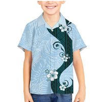 Polynesia Hibiscus Family Matching Mermaid Dress and Hawaiian Shirt Sky Blue Curve Motif - Polynesian Pride