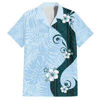 Polynesia Hibiscus Family Matching Off The Shoulder Long Sleeve Dress and Hawaiian Shirt Sky Blue Curve Motif - Polynesian Pride