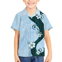Polynesia Hibiscus Family Matching Short Sleeve Bodycon Dress and Hawaiian Shirt Sky Blue Curve Motif - Polynesian Pride