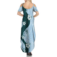 Polynesia Hibiscus Family Matching Summer Maxi Dress and Hawaiian Shirt Sky Blue Curve Motif - Polynesian Pride
