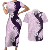 Polynesia Hibiscus Couples Matching Short Sleeve Bodycon Dress and Hawaiian Shirt Thistle Curve Motif - Polynesian Pride