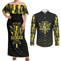 Personalised Aloha Hawaii Kahili Couples Matching Off Shoulder Maxi Dress and Long Sleeve Button Shirt Kanaka Maoli With Kakau Pattern