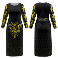 Personalised Aloha Hawaii Kahili Family Matching Long Sleeve Bodycon Dress and Hawaiian Shirt Kanaka Maoli With Kakau Pattern LT05 Mom's Dress Black - Polynesian Pride